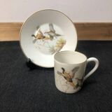 Porcelain de Paris Espresso Cup & Saucer Set: Bird Motif, Gilded, 1950s