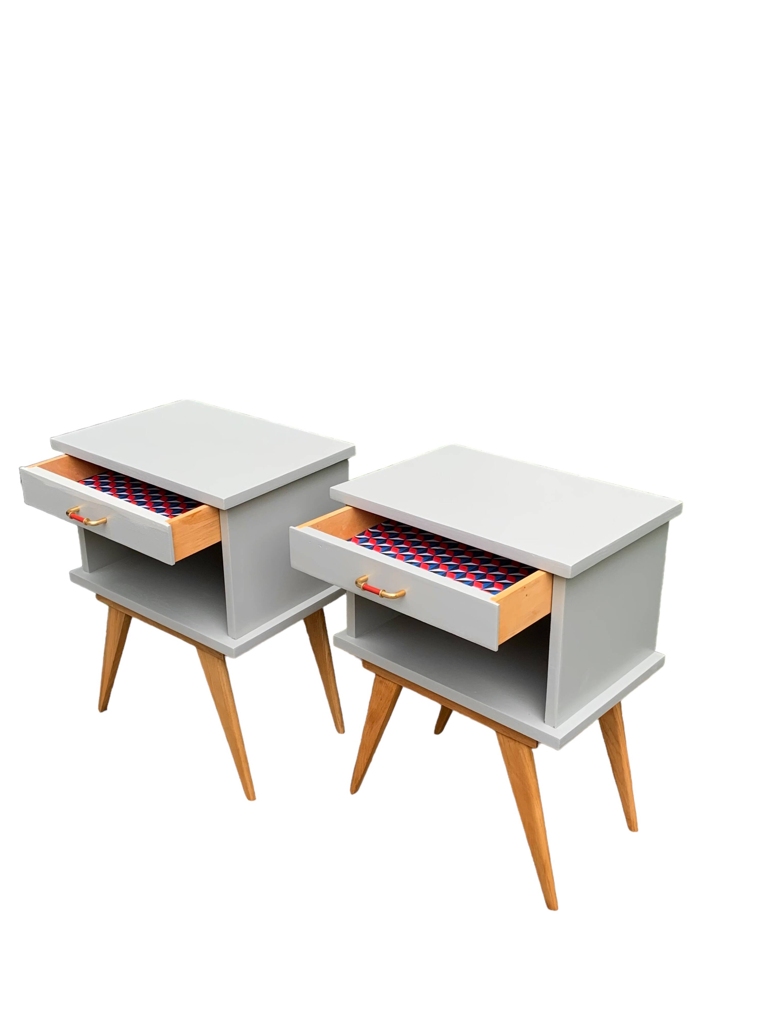 Pair of vintage 1950s compass foot bedside tables