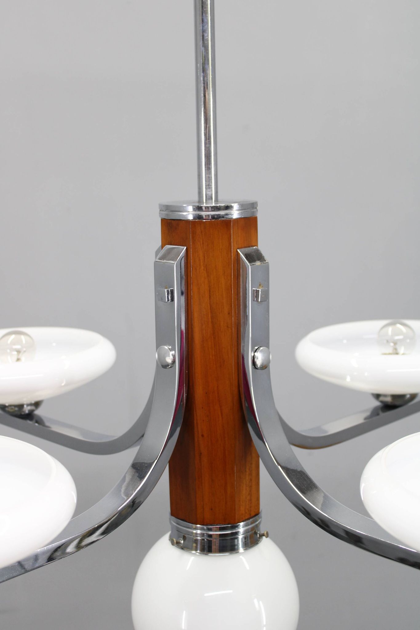 Art Deco chrome and walnut chandelier with milky glass shades, Czechoslovakia, 1