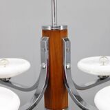 Lustre Art Déco en chrome et noyer avec abat-jour en verre opale, Tchécoslovaquie, 1