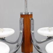 Art Deco chrome and walnut chandelier with milky glass shades, Czechoslovakia, 1