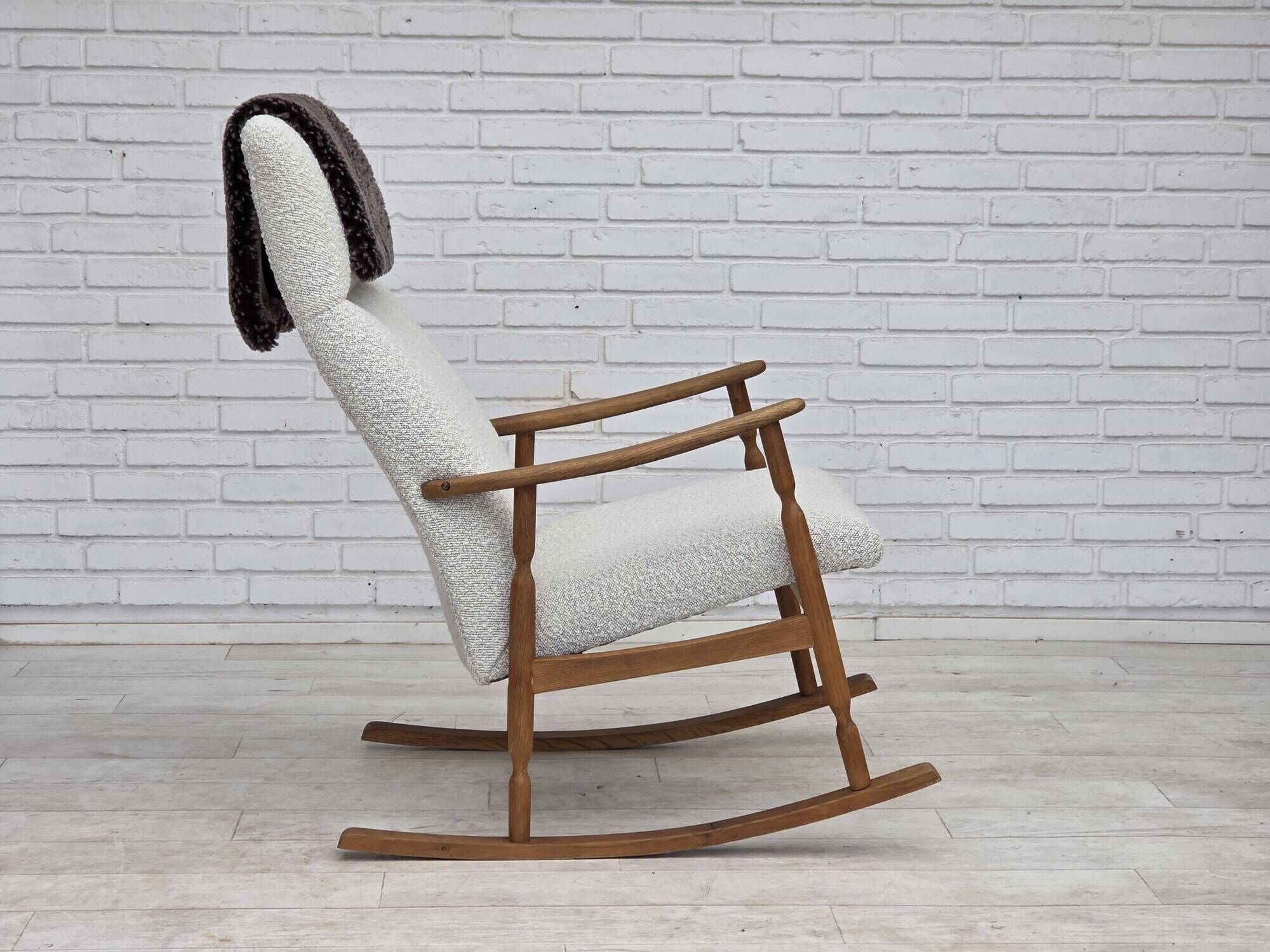 1970s, Scandinavian design, high-backed rocking chair, reupholstered.