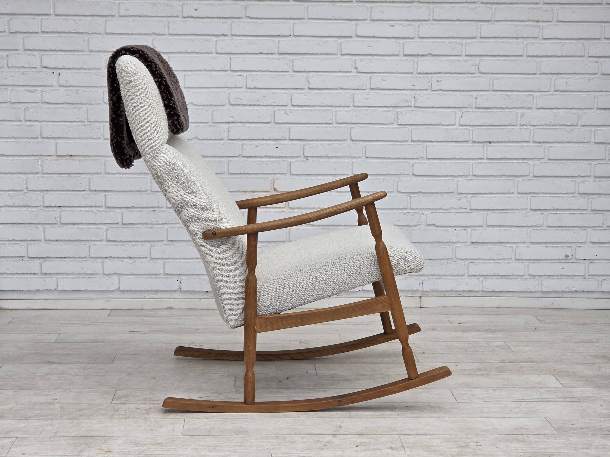 1970s, Scandinavian design, high-backed rocking chair, reupholstered.