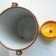 Art Deco milk pot, enamelled sheet as coffee maker, yellow and white signed BB