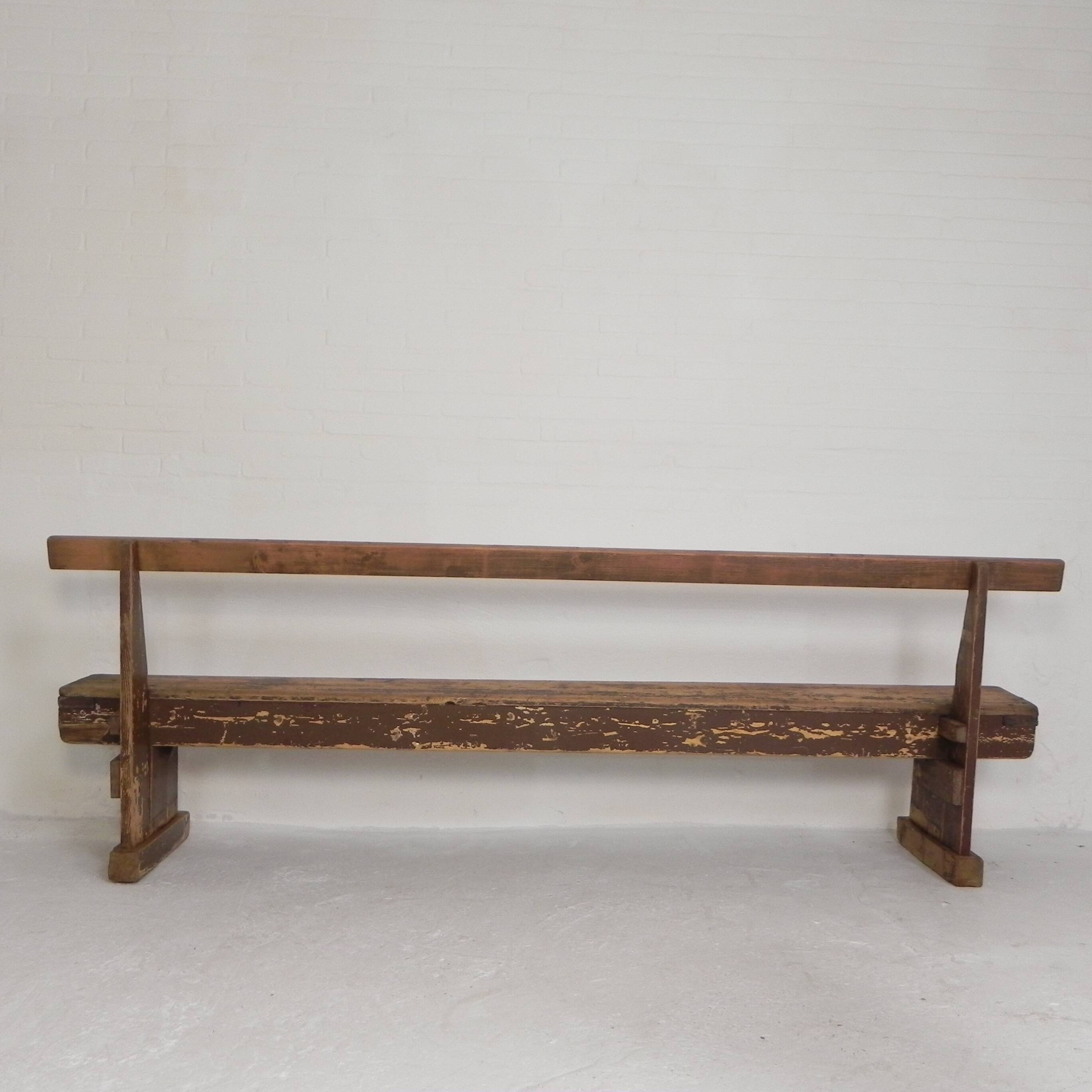Pine bench with backrest, 2.5 metres long, 1950s.