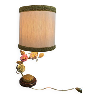 Lamp, Capodimonte, porcelain flowers, polychrome, brass leaves, cherry marble base, lampshade