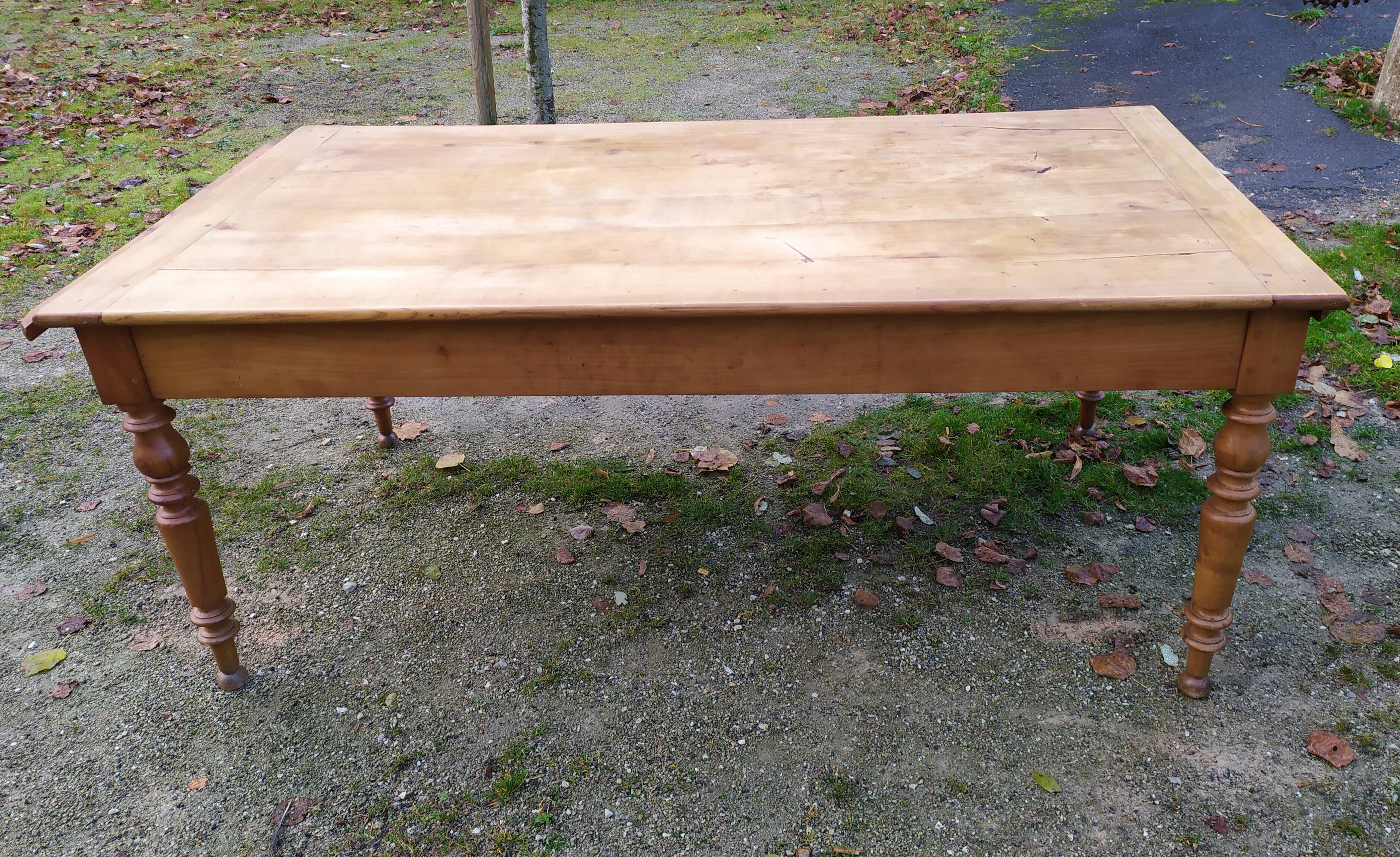 Cherry farm table, turned legs, 2 extensions