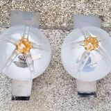 Pair of steel and opaline wall lights, Vittorio Mazzega design, vintage, 70s