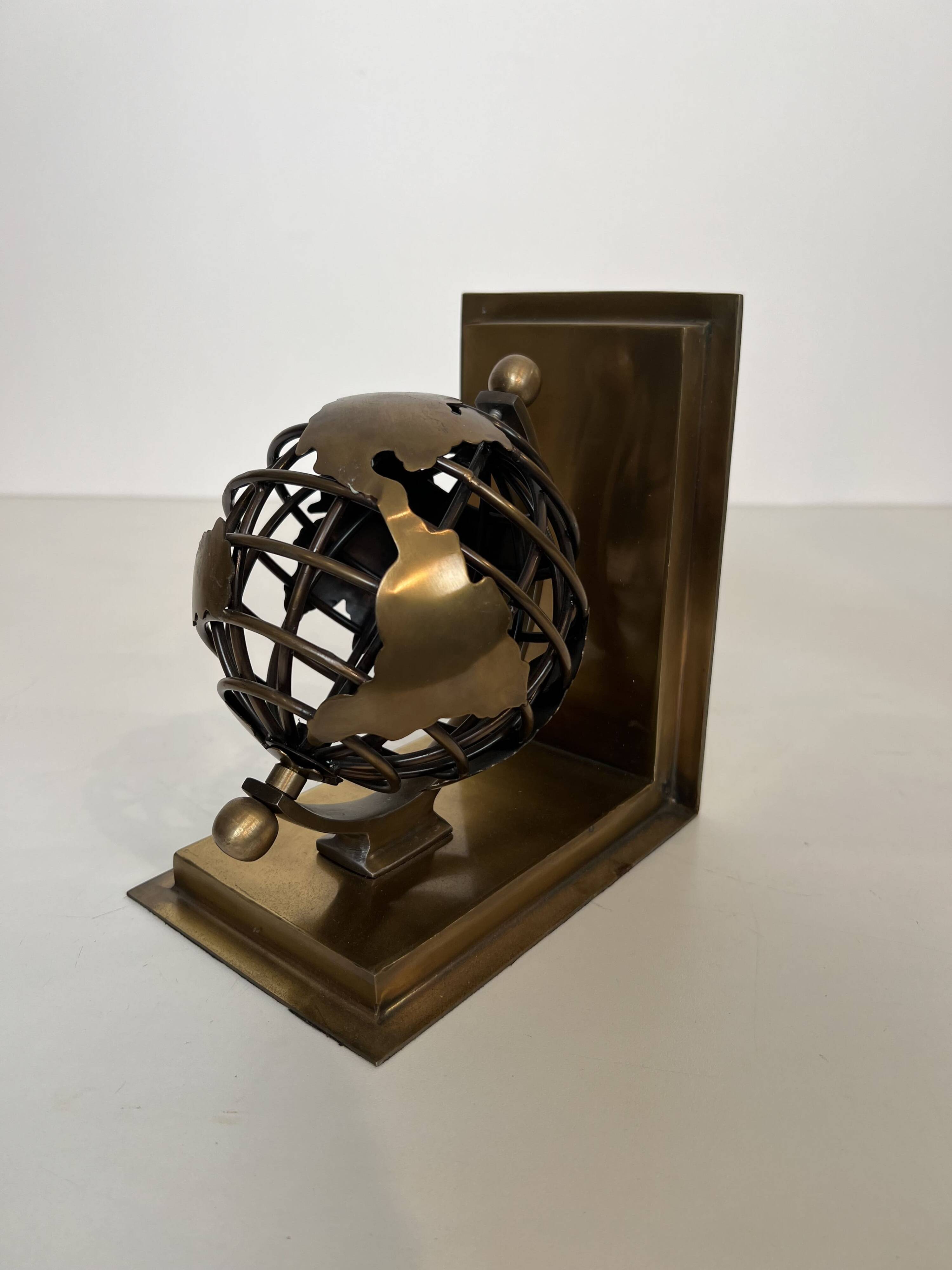Pair of Brass Bookends with Openwork Globe Decorations. Work