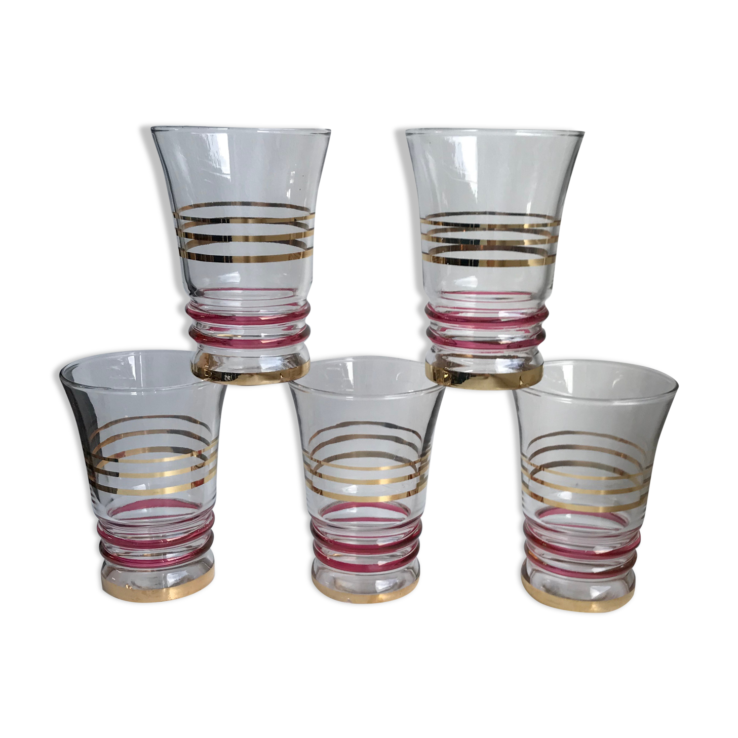 Set of 5 red and gold spiral water glasses 50-60s