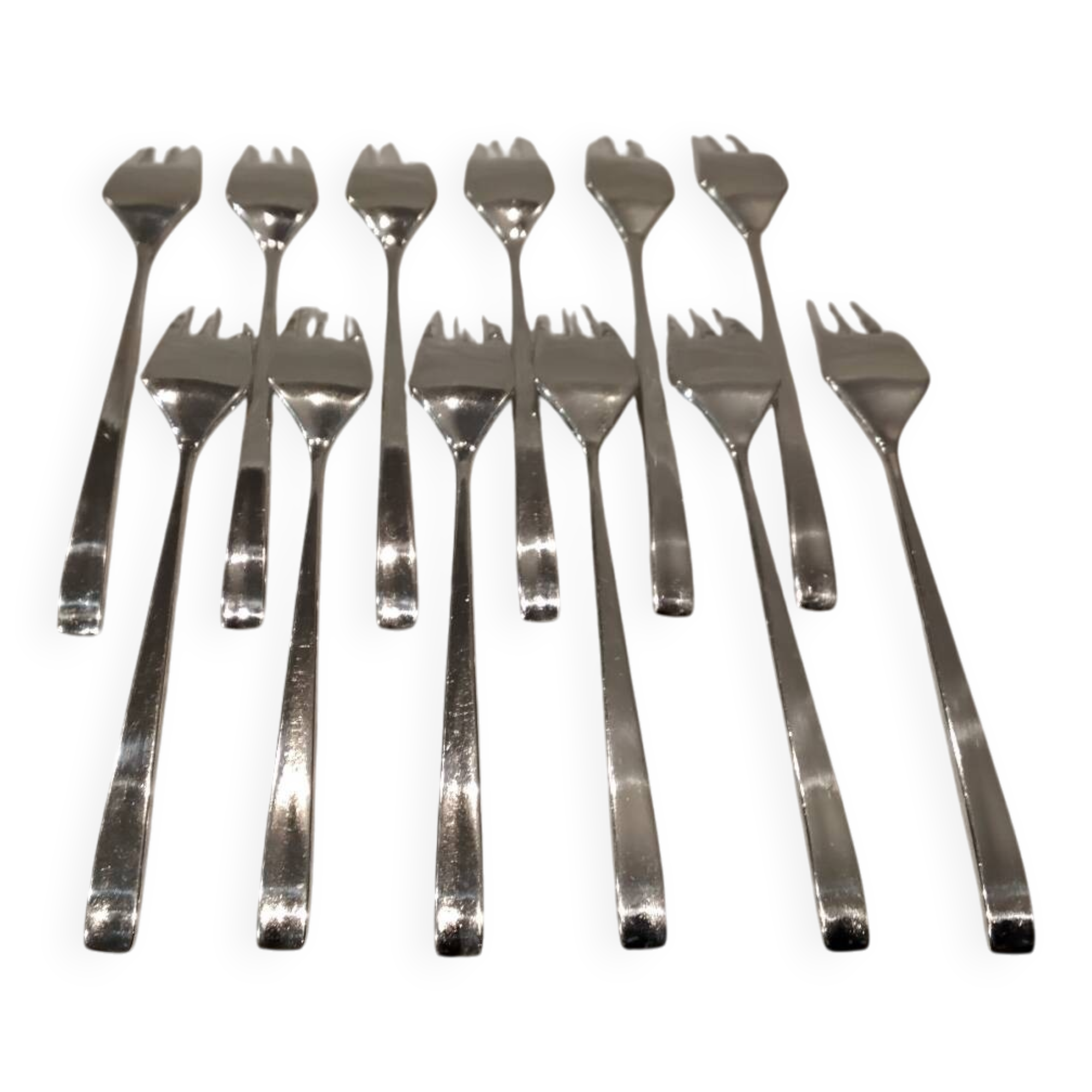 12 silver-plated metal cake forks by Ercuis Horizon silversmiths, 14.9cm