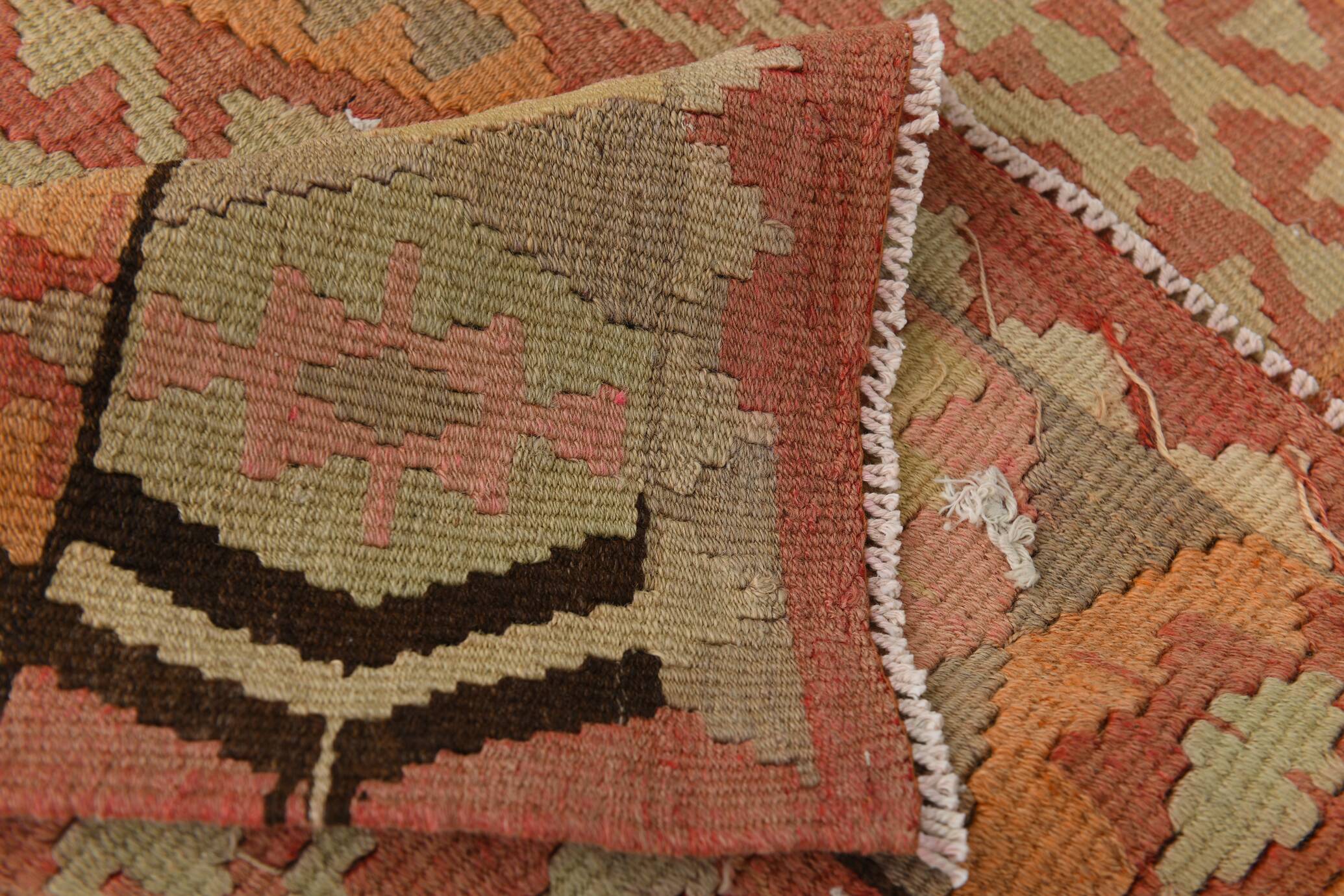 Turkish Vintage Kilim Rug: Shades Of Red Brown Handmade Wool Rug 160x417Cm