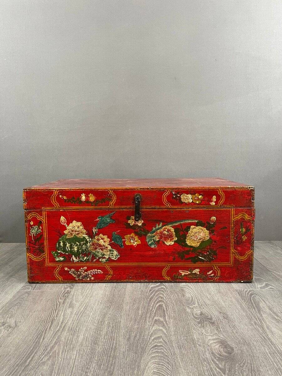 Antique Hand Painted Chest, Floral Decor on Red Background, 19th Century