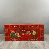 Antique Hand Painted Chest, Floral Decor on Red Background, 19th Century