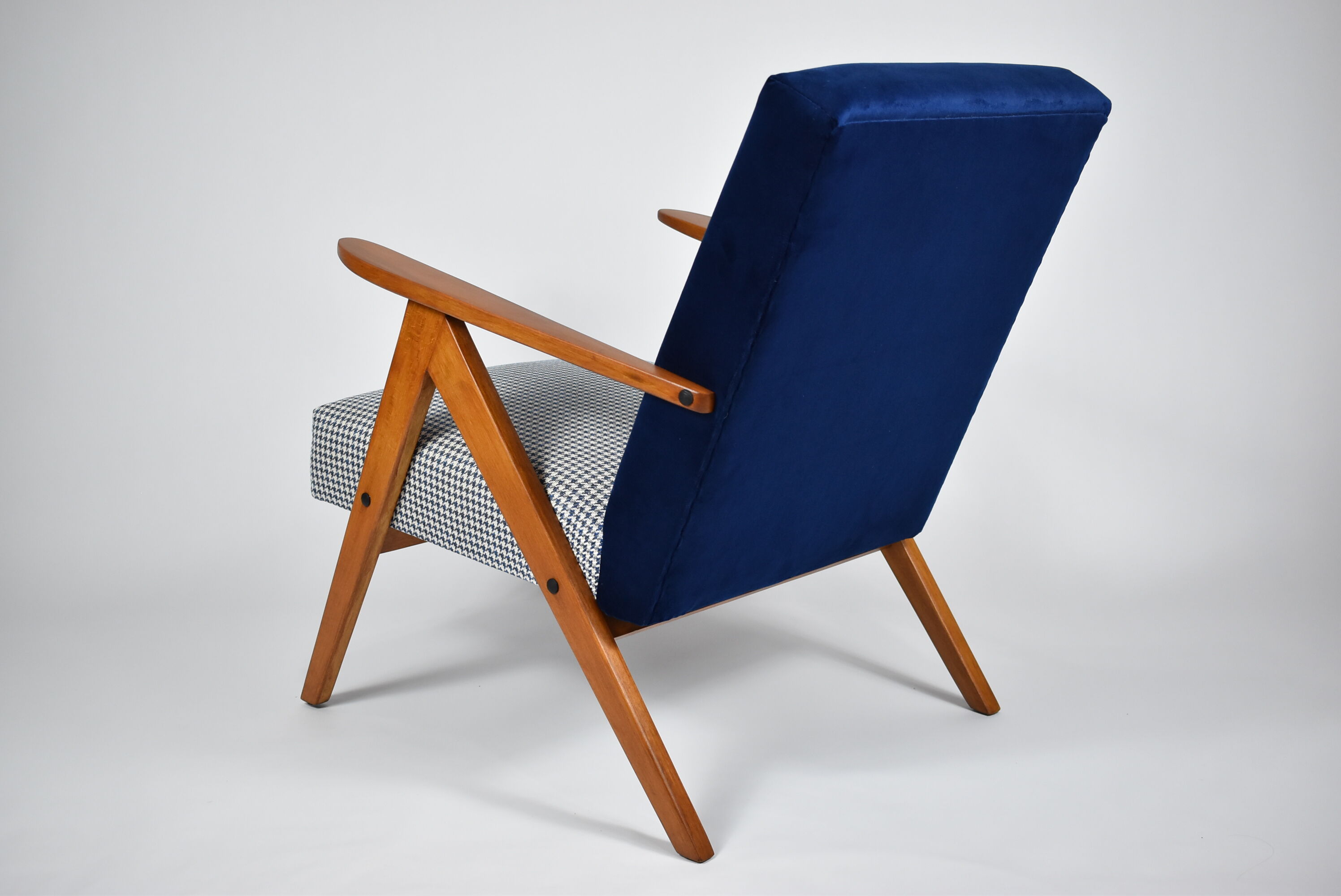 Vintage original 60s armchair, refstored, blue velvet, poule fabric
