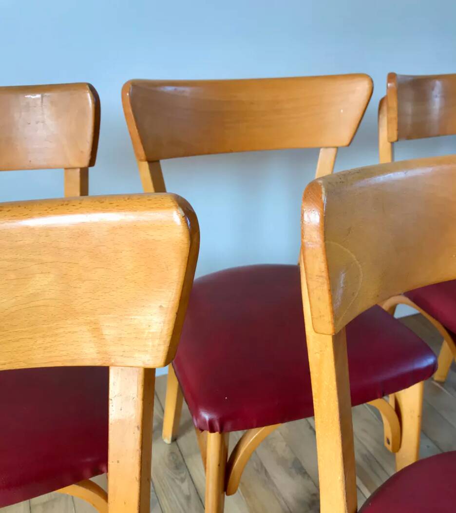 Set of 6 Luterma bistro chairs in blond wood and skaï 50s