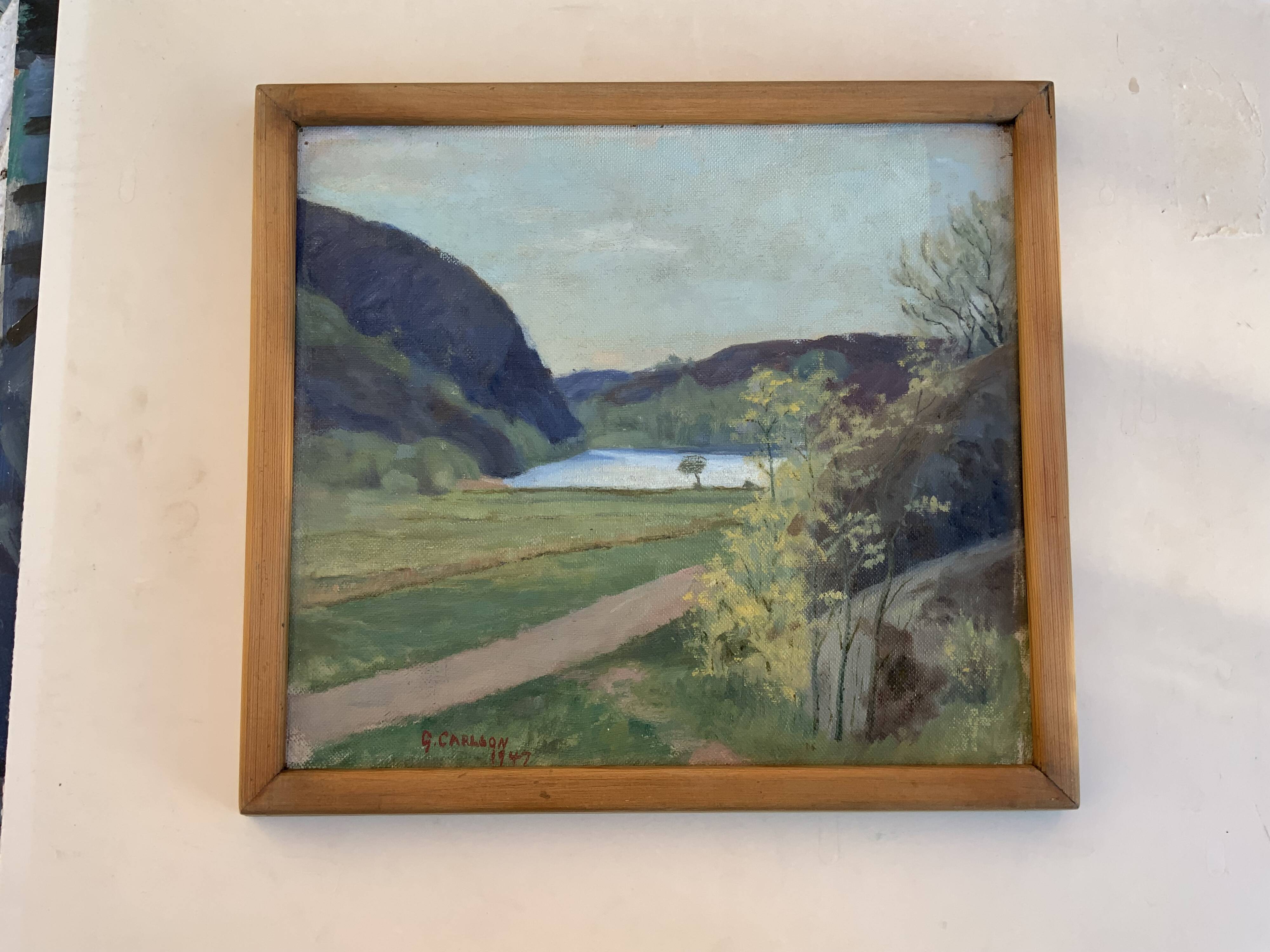 Small Vintage Oil Landscape signed by artist G. Carlson 1947
