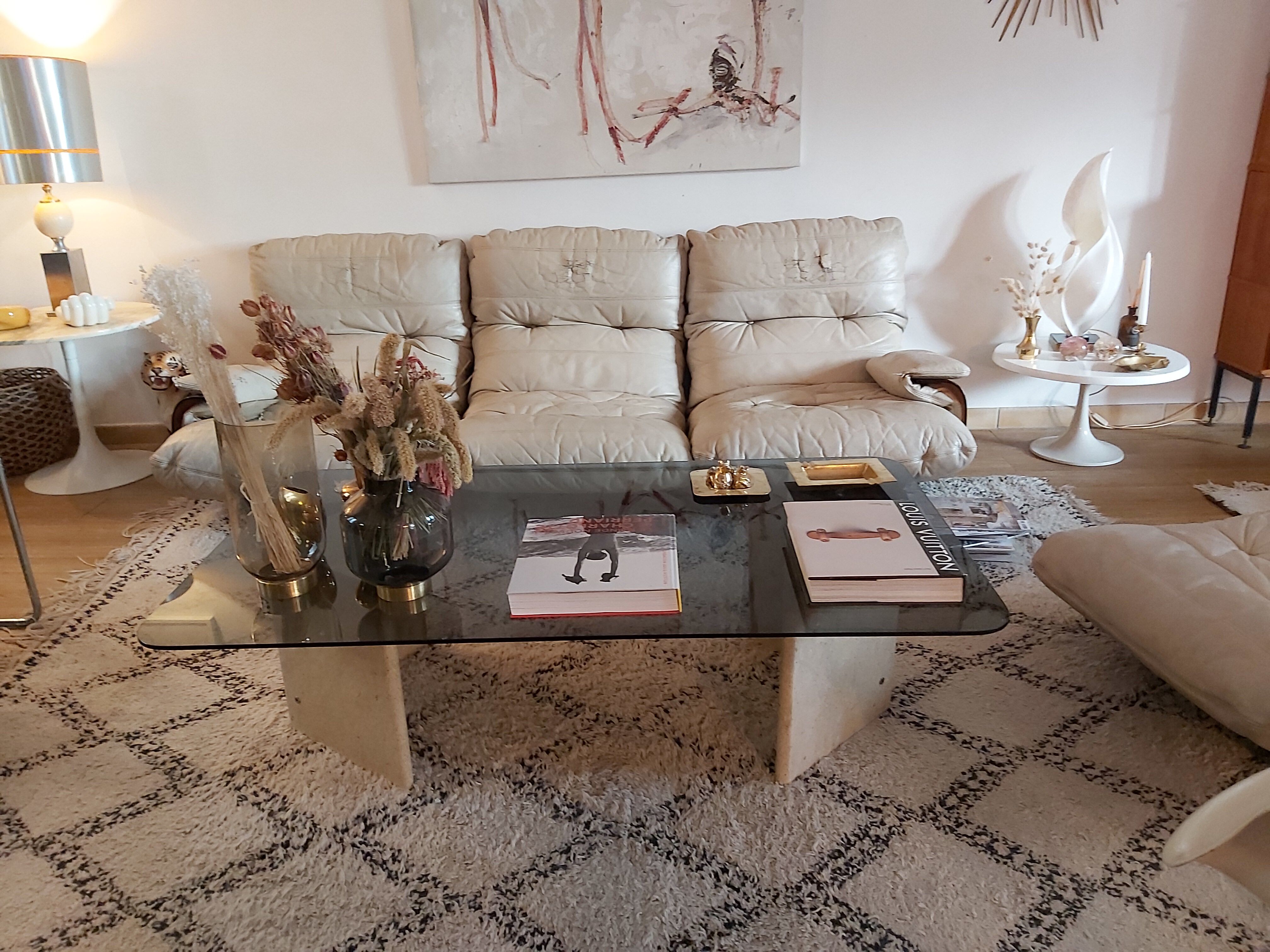 Large travertine coffee table and smoked glass