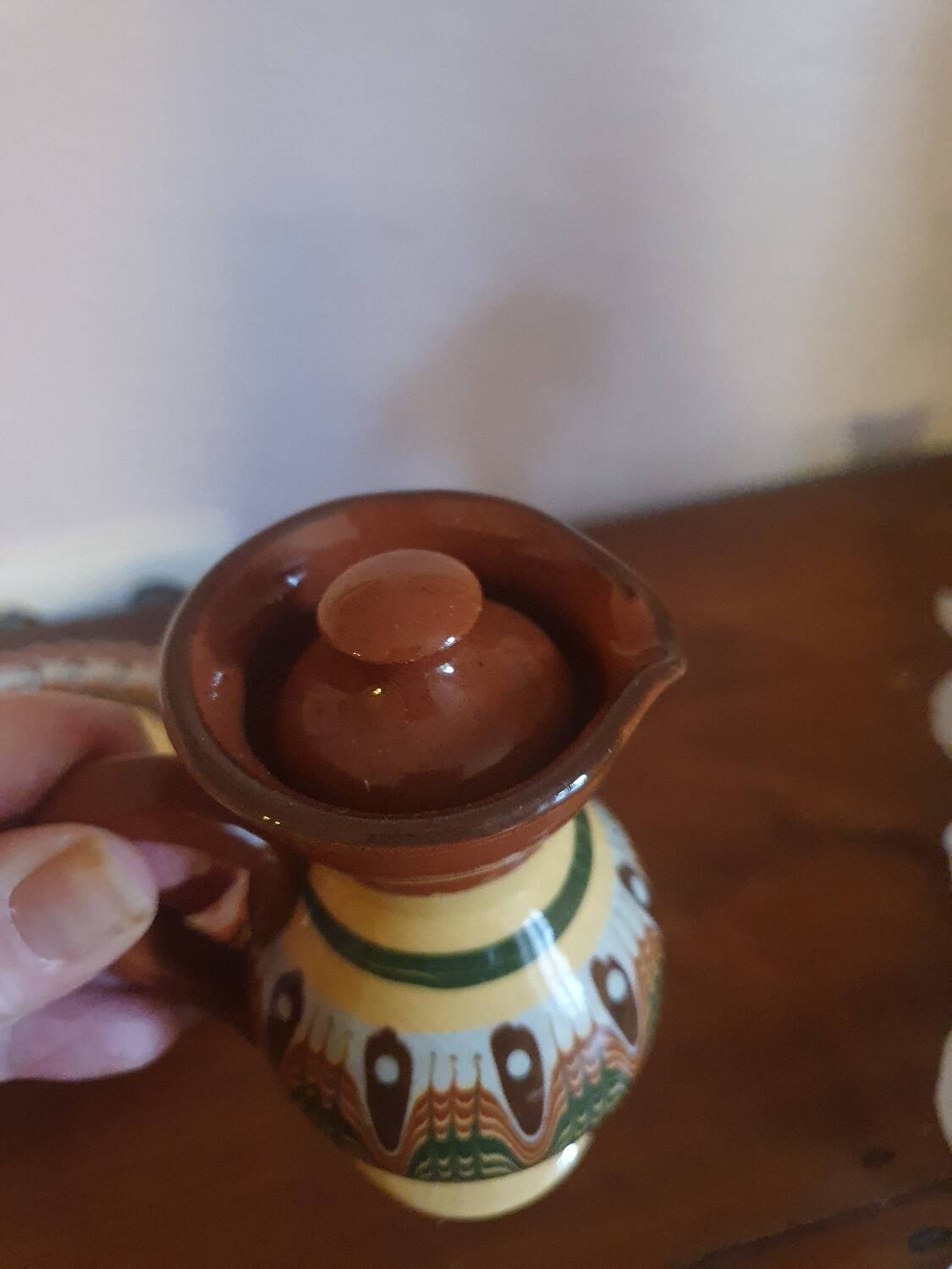 Salt pepper vinegar condiment service in vintage Bulgarian enameled pottery
