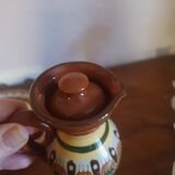 Salt pepper vinegar condiment service in vintage Bulgarian enameled pottery