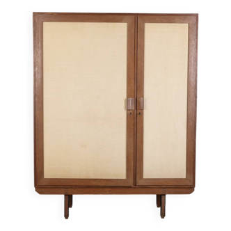 Meuble en bois à deux portes des années 1960, recouvert de tissu, de style italien.