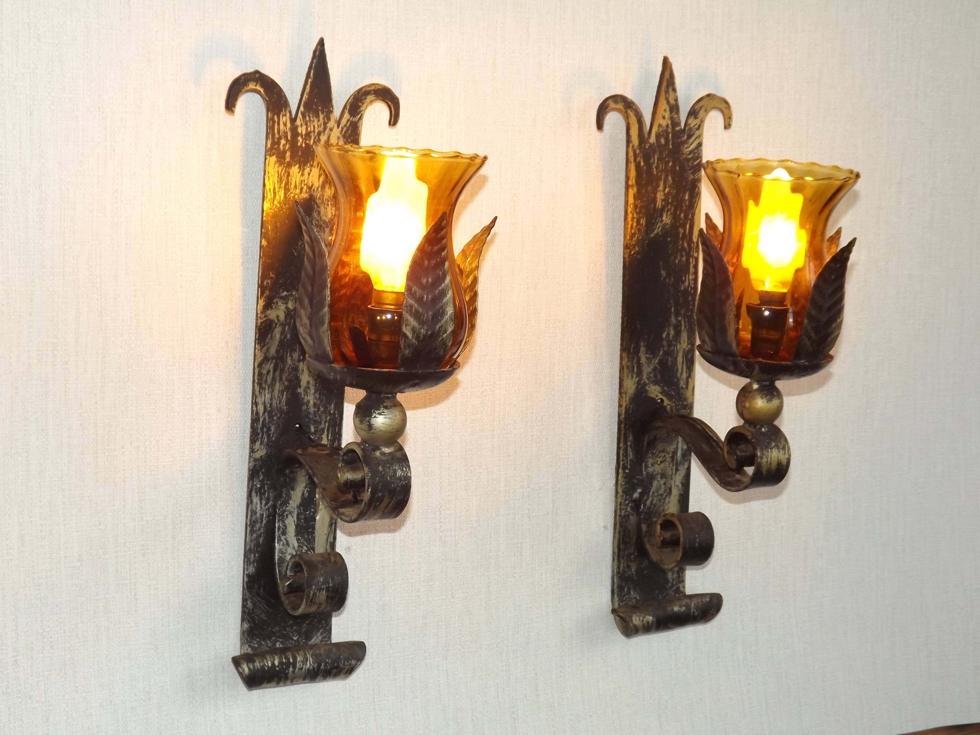 Pair Hand Forged Wrought Iron Medieval Style Wall Lights Amber Glass Shades