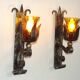 Pair Hand Forged Wrought Iron Medieval Style Wall Lights Amber Glass Shades