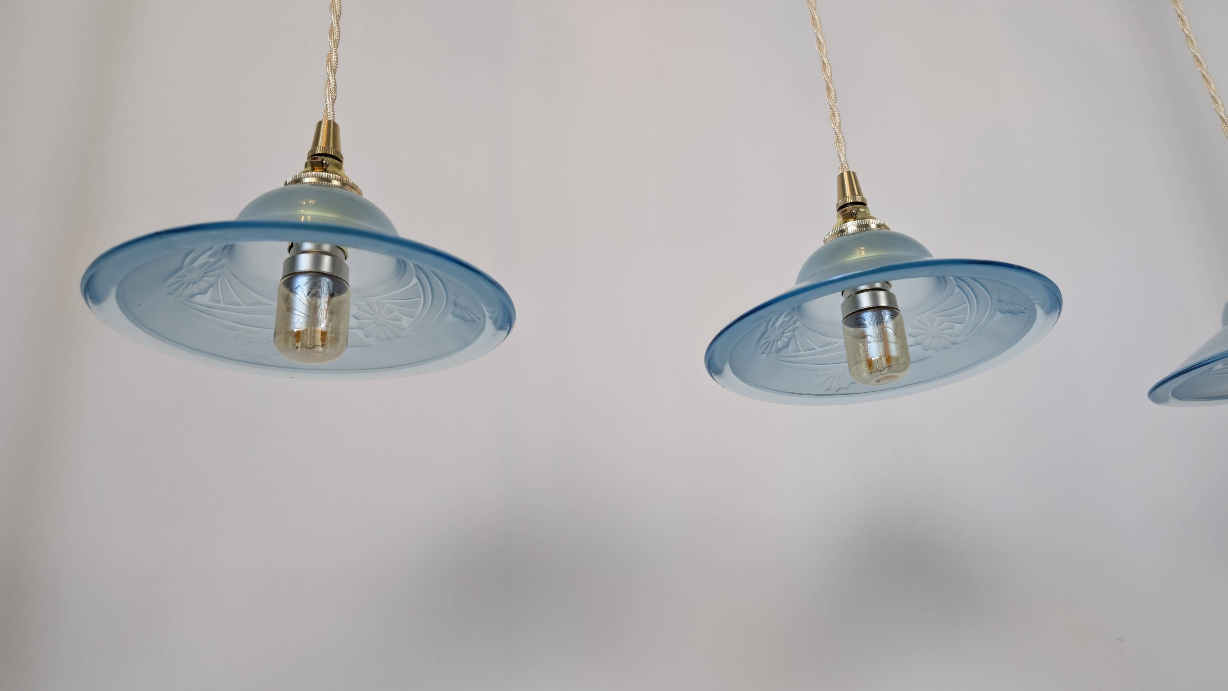 Art Deco blue glass pendant light, moulded glass shade — Ø19 cm — 3 available