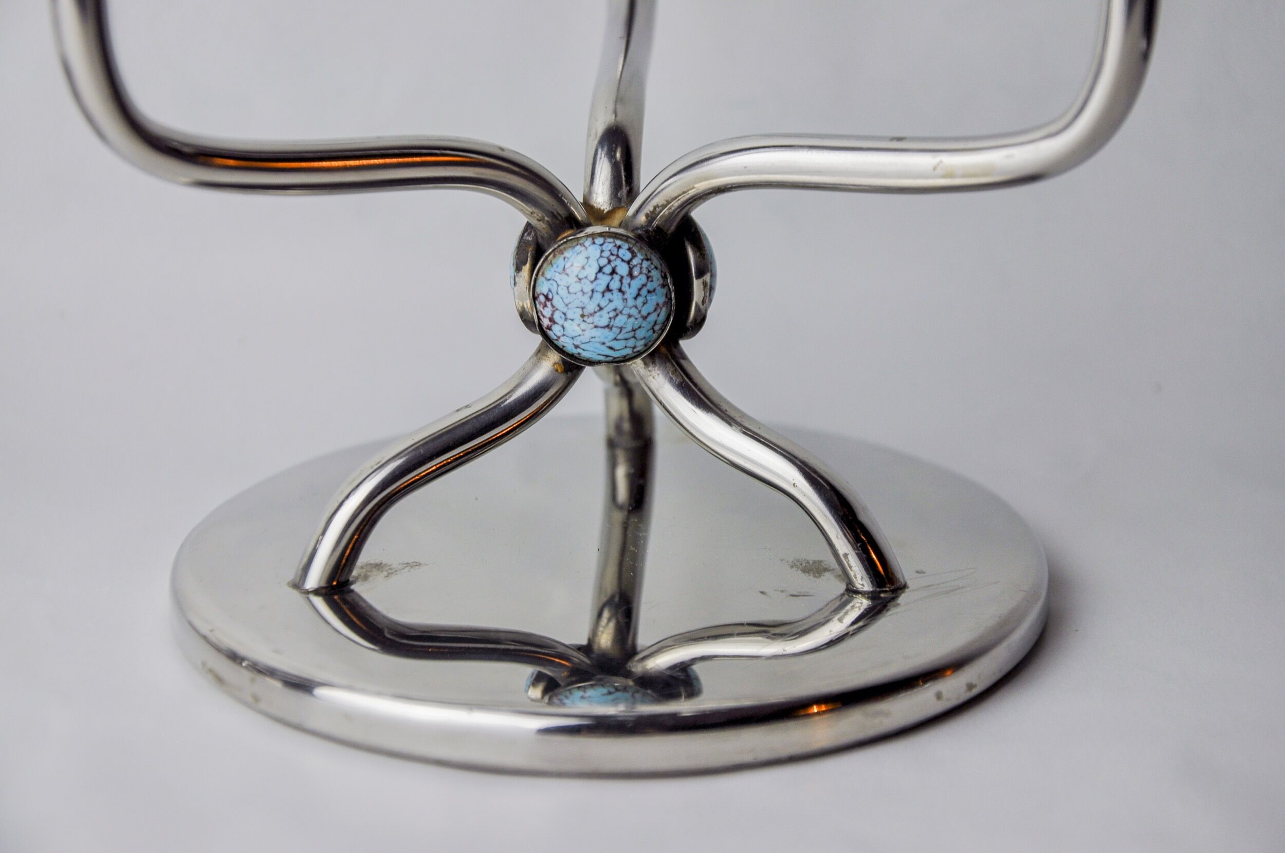 Pair of art deco candlesticks in stainless steel 3 flames and blue stones, Spain, 1970