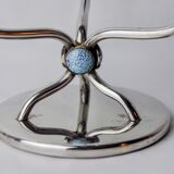 Pair of art deco candlesticks in stainless steel 3 flames and blue stones, Spain, 1970