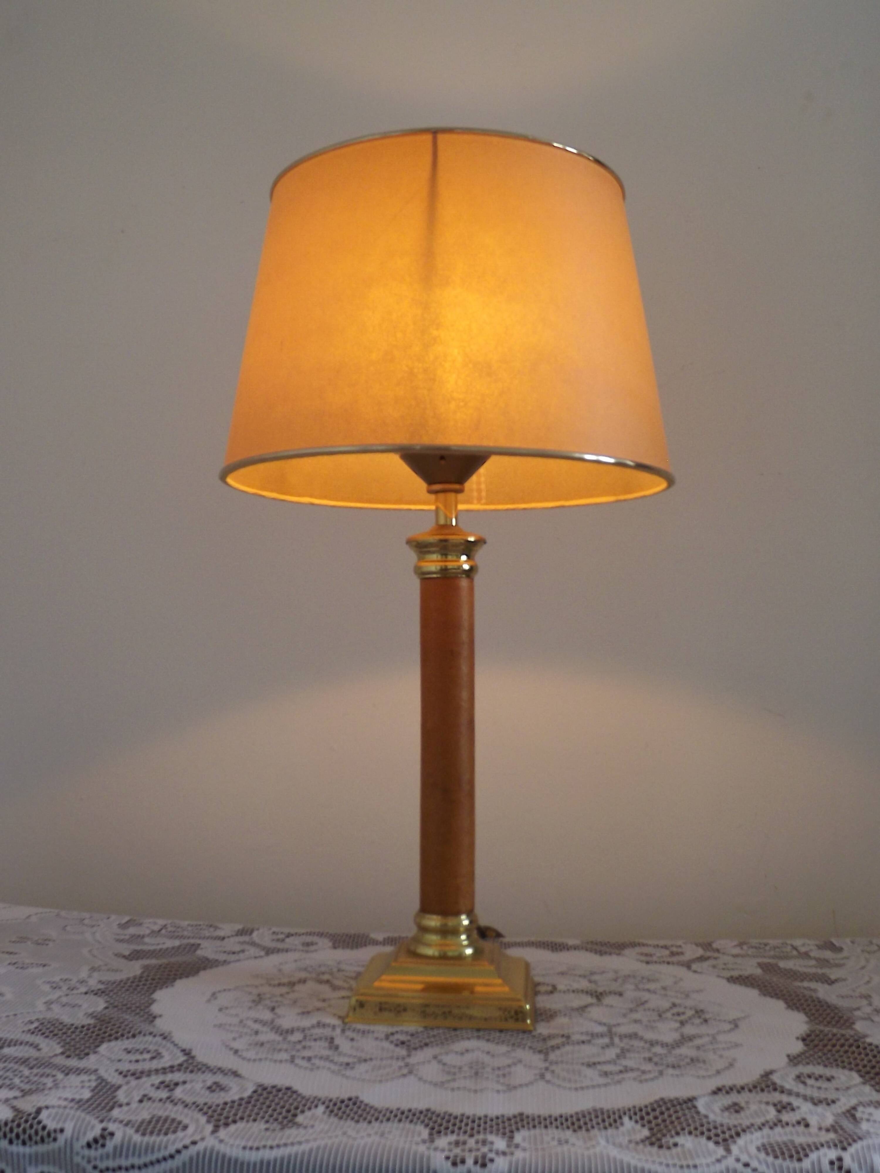 Tall French Mid Century Table Lamp Square Base With Beige and Gold Shade