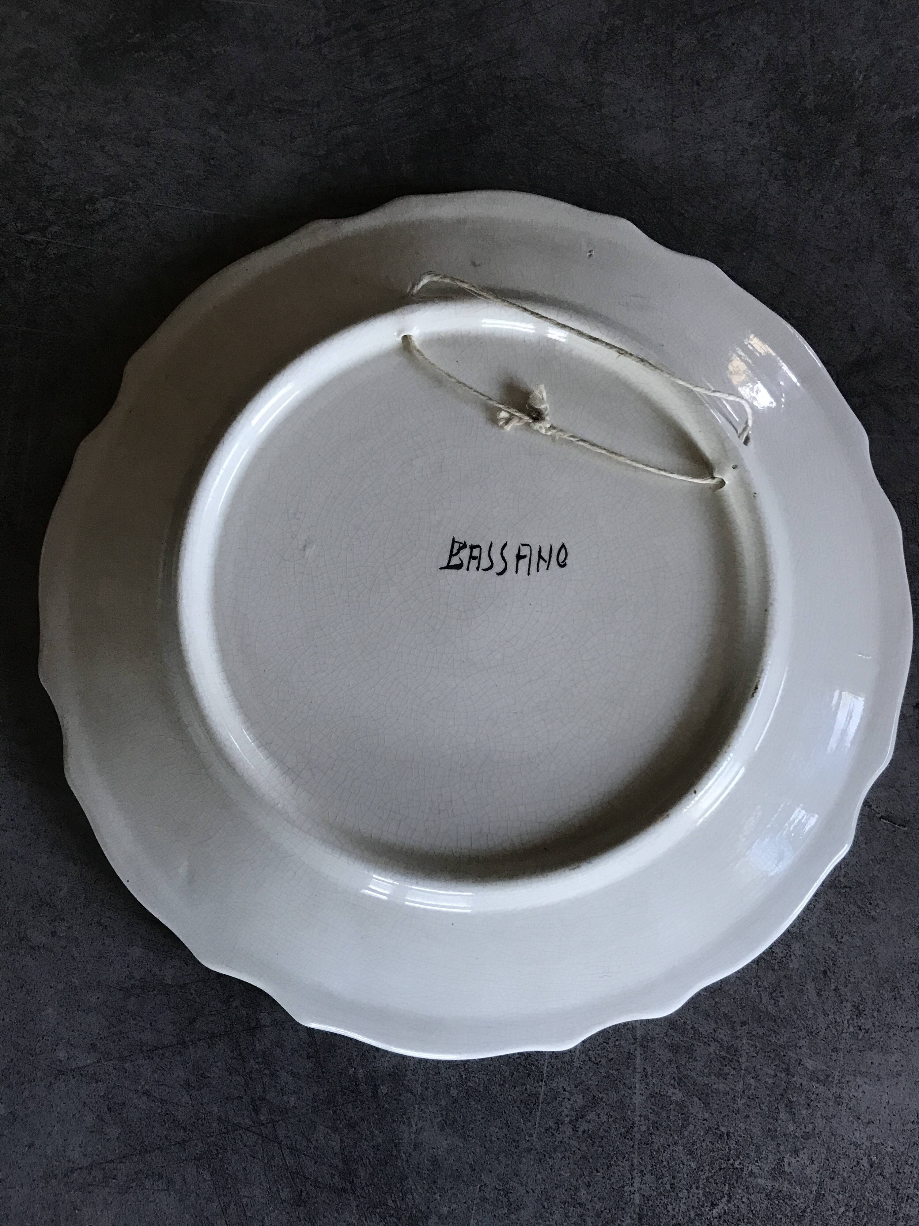 Earthenware wall plate signed bassano, italy, polychrome floral painting decoration