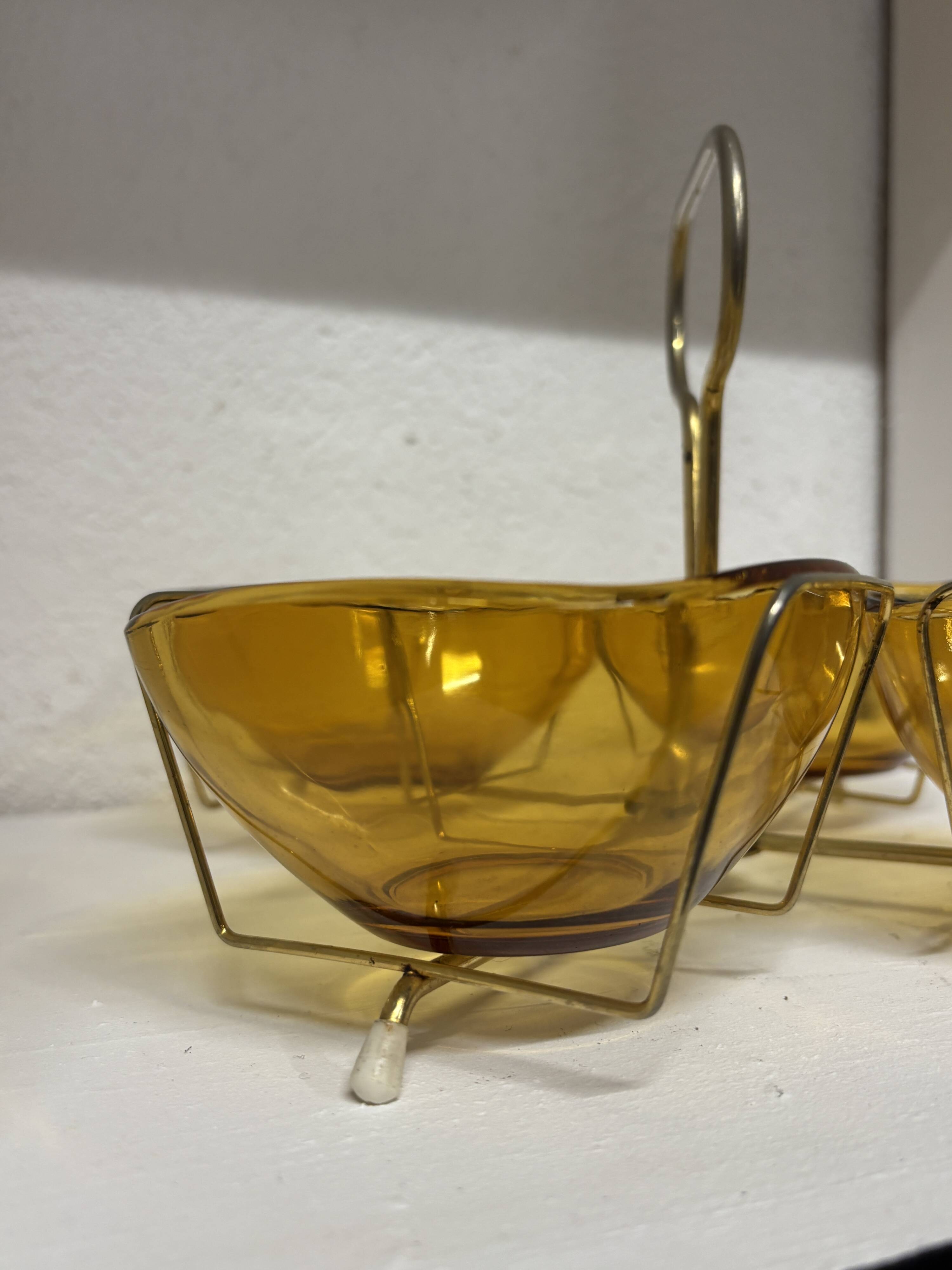 Vintage Aperitif Tray by Vereco Amber Glass and Gold Metal ⎥ 1970s