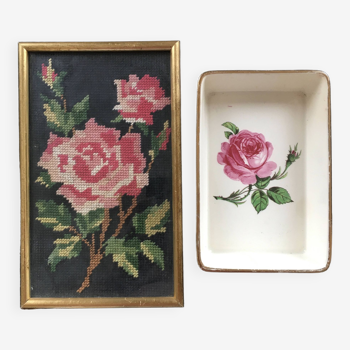 Ensemble vide poche et canevas décor de roses