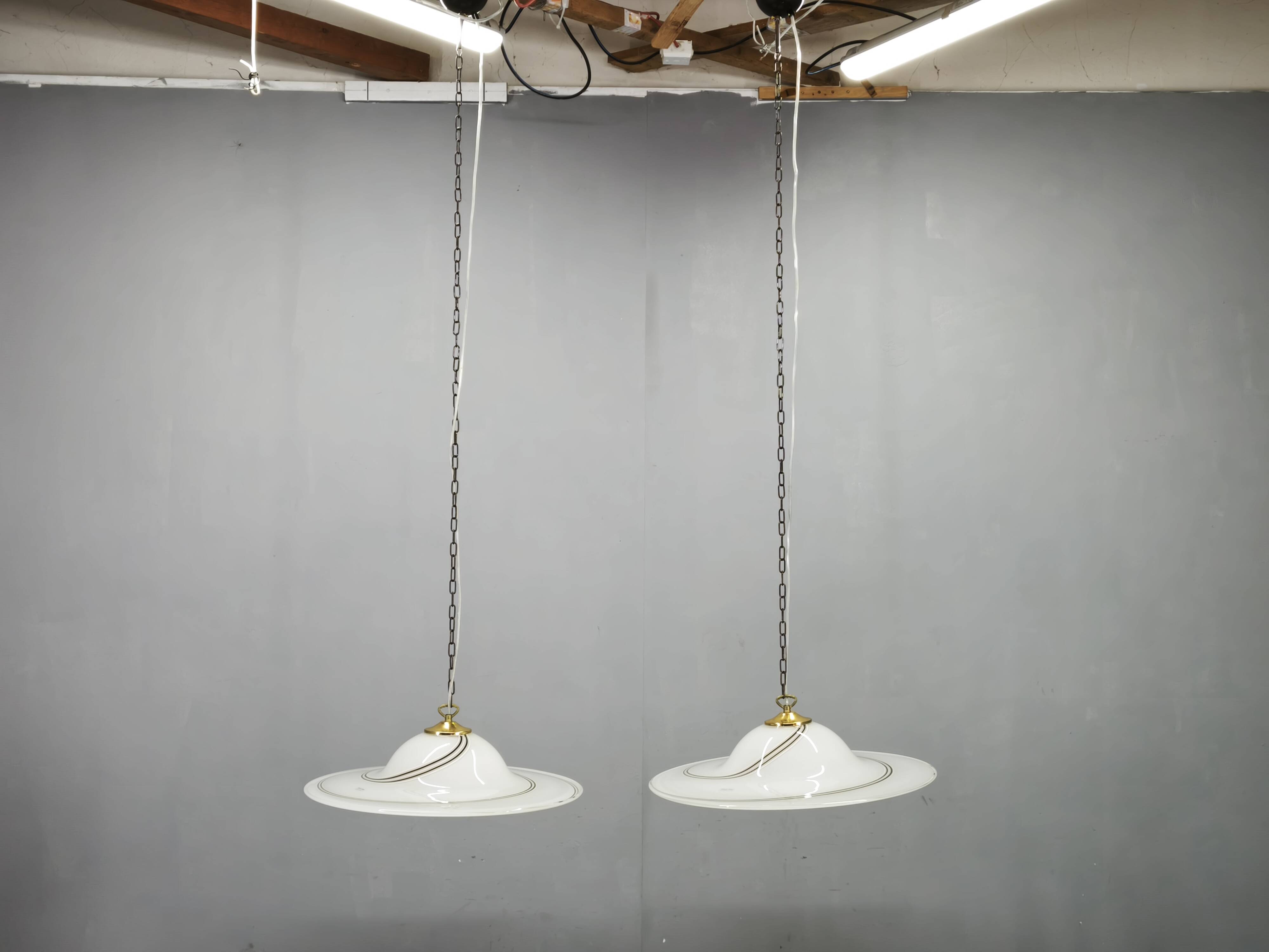 Pair of 1970s Italian Murano Opaline Glass and Brass Pendant Lights