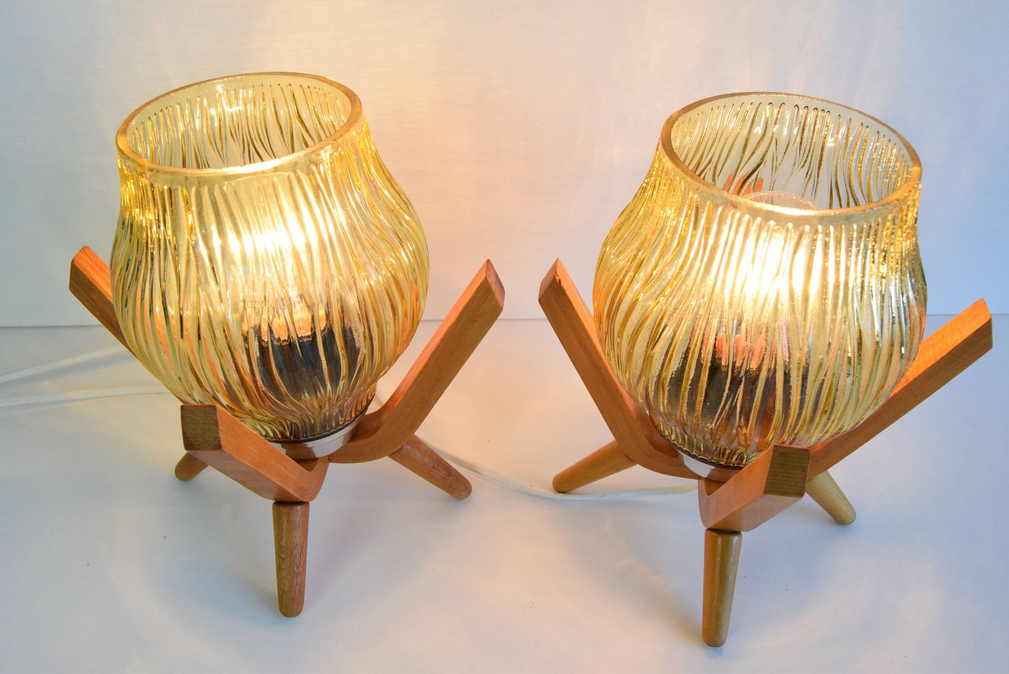 Pair of mid-century Wooden Design Table Lamps, by Dřevo Humpolec, 1970's.