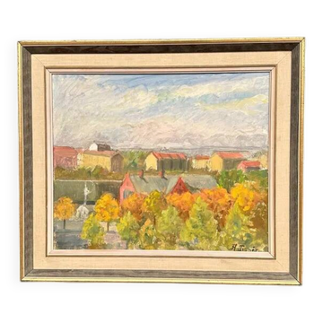 Huile sur toile originale suédoise – "Paysage urbain aux couleurs d'automne" par Hedvig Tegnér – Signée – Vintage et encadrée – 58 × 49 cm (22,8" × 19,3")