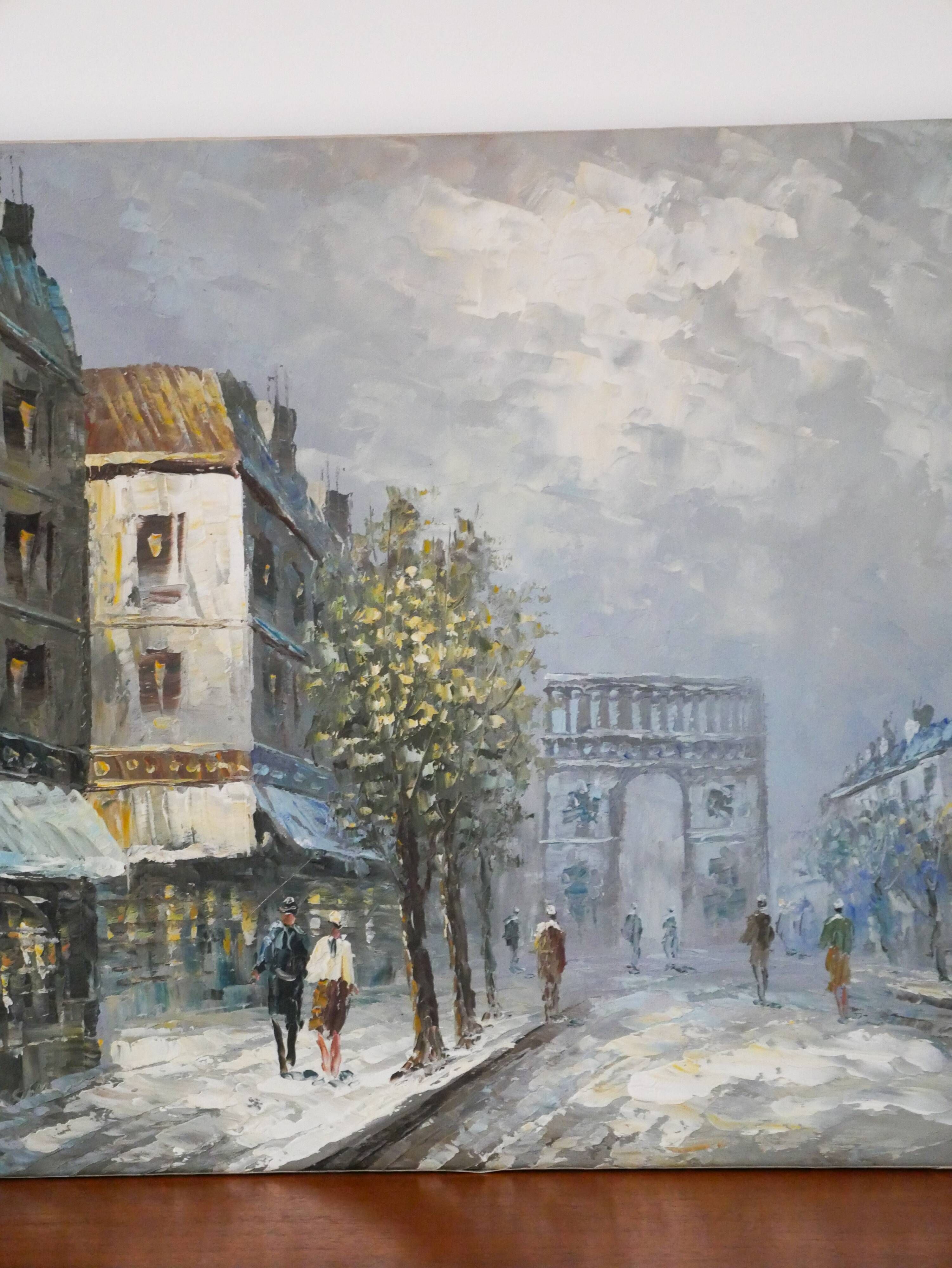 painting / oil on canvas streets of Paris under the snow vintage