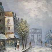 painting / oil on canvas streets of Paris under the snow vintage