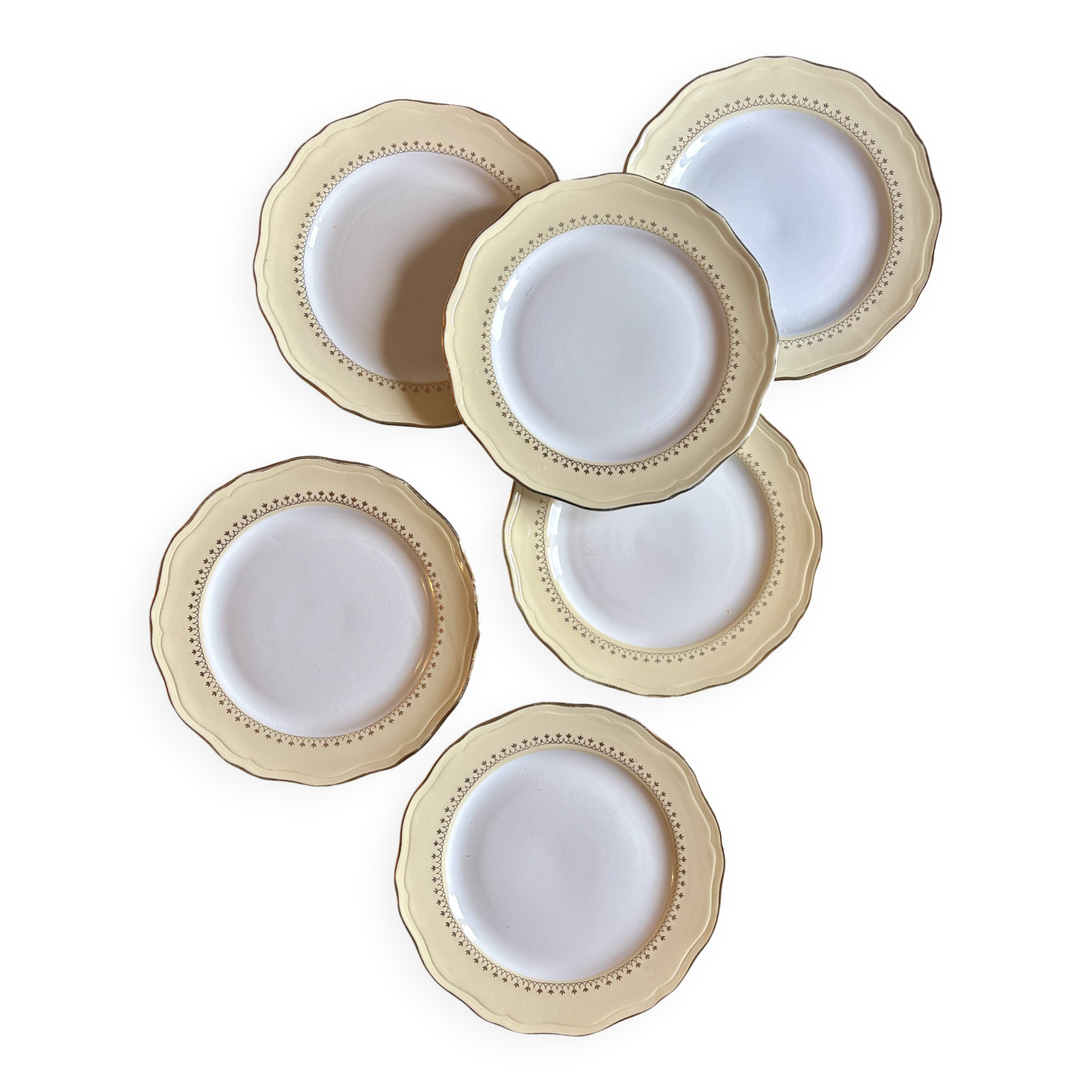 Set of 6 vintage white dinner plates with yellow and gold trim.