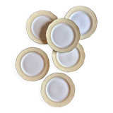 Set of 6 vintage white dinner plates with yellow and gold trim.