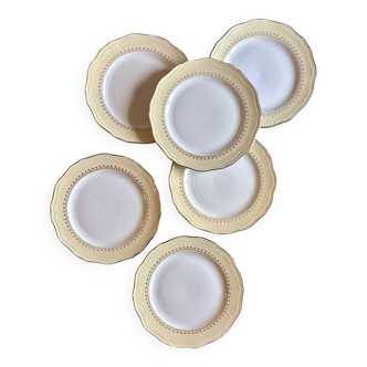 Set of 6 vintage white dinner plates with yellow and gold trim.