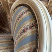 Pair of Louis XVI style chairs in painted wood and satin, classic elegance.