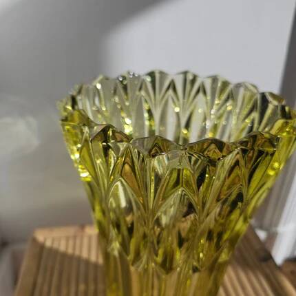 Large Czech vase in pressed glass, tinted yellow with geometric shapes.