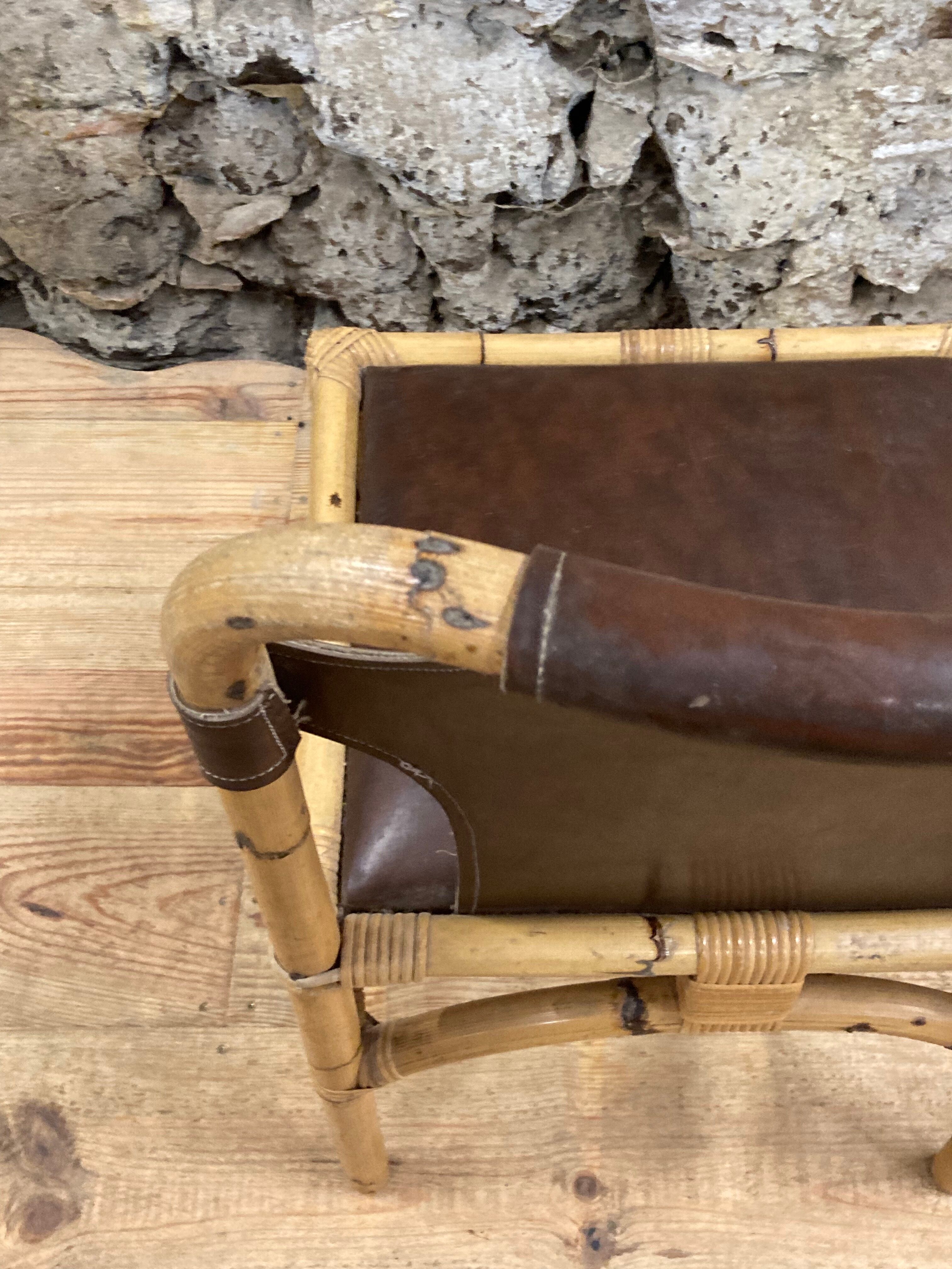 Vintage chair in rattan and bamboo and brown leather