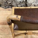 Vintage chair in rattan and bamboo and brown leather