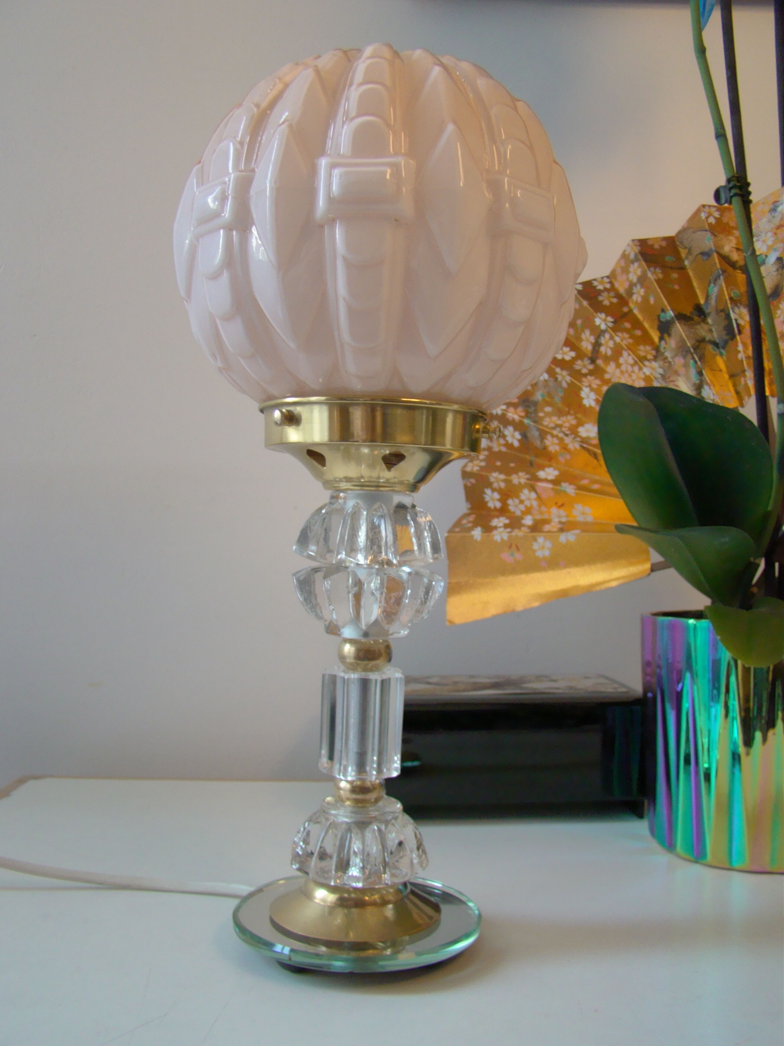 Art Deco lamp pink foot in cut crystal