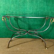 Polished steel and brass console, probably Maison Jansen, France, mid-century modern Hollywood Regency.