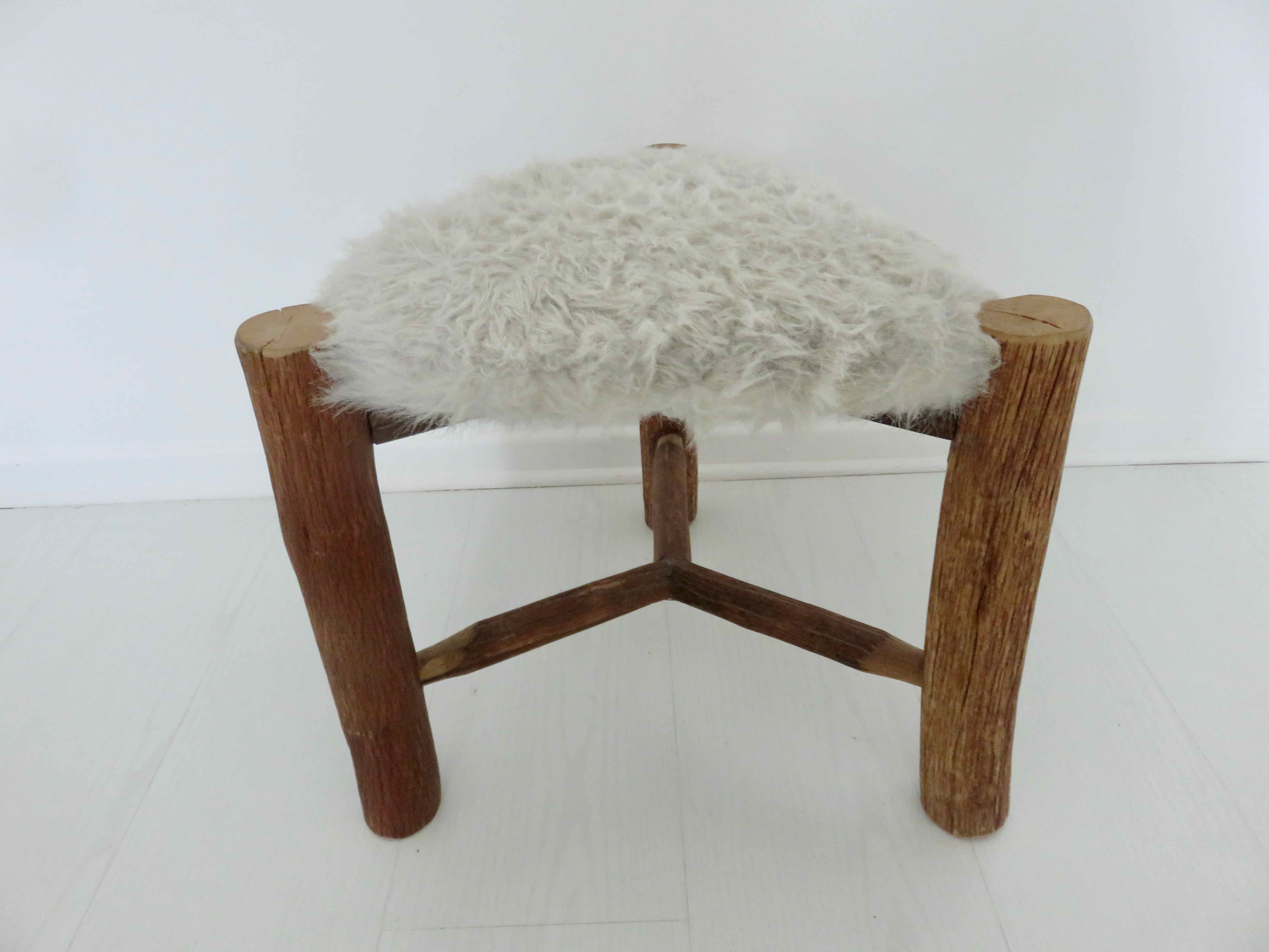 Scandinavian stool "mountain chalet" tripod wood, seat in vintage moumoute