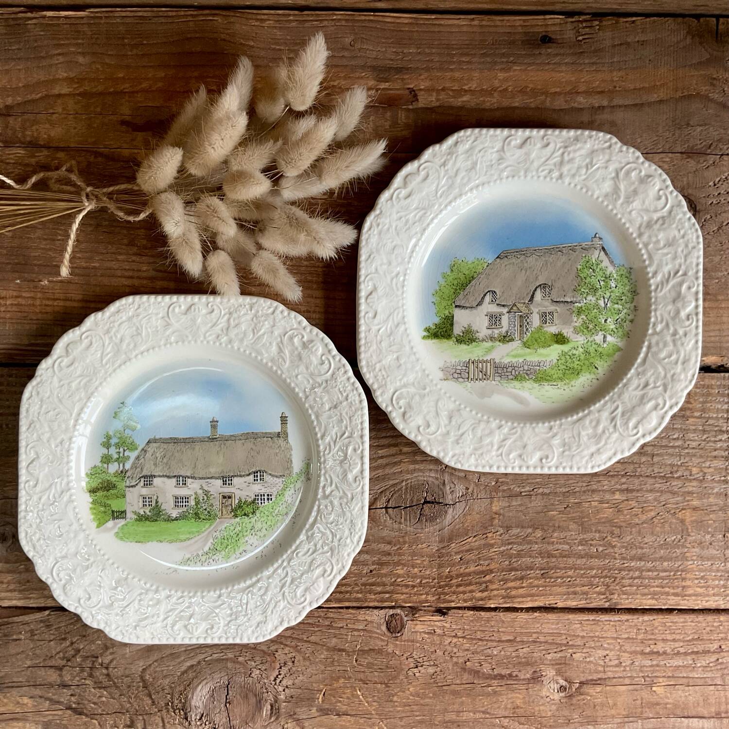 Duo of “country cottages” plates Burleigh Staffordshire England